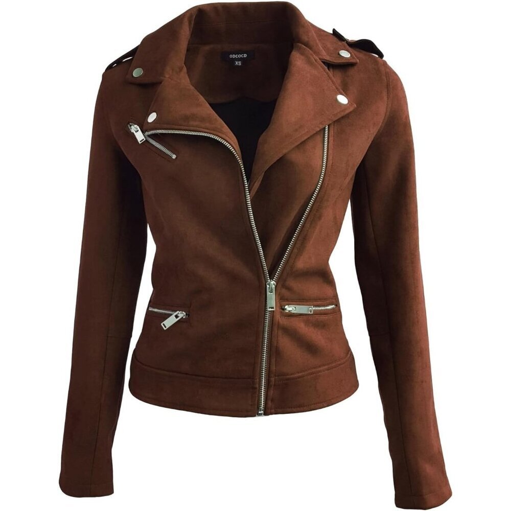 Women's Faux Suede Jacket Long Sleeves Zipper Up Casual Outwear Brown